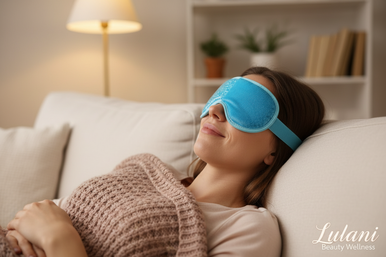 Woman wearing Lulani Gel Eye Mask at home - in use