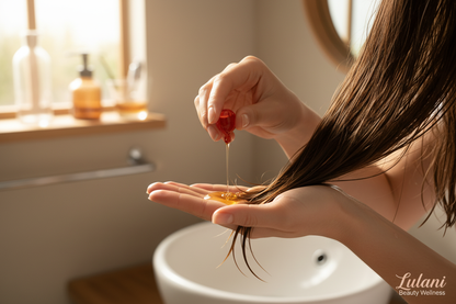 Woman applying hair serum capsule at home - in use