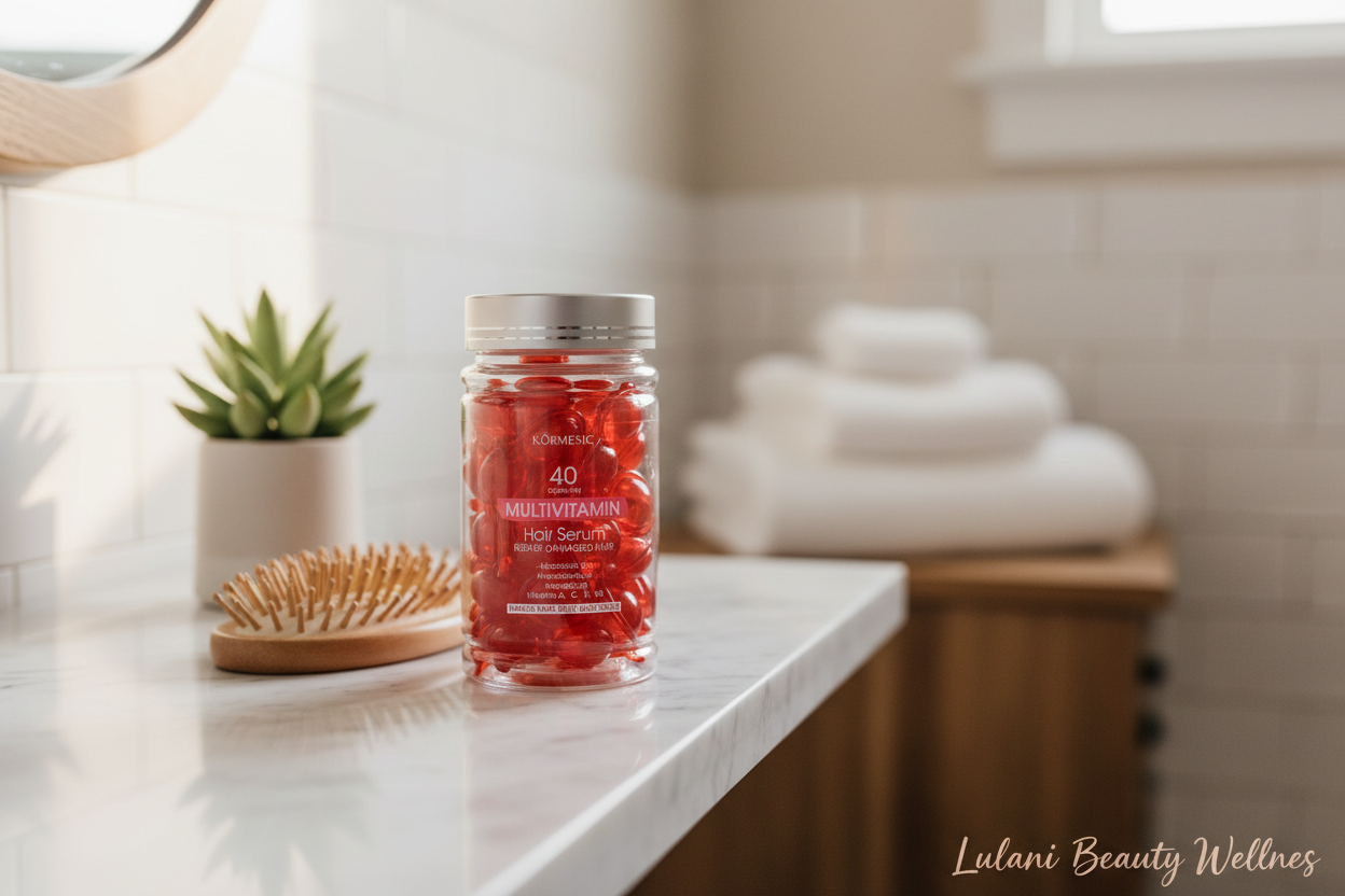 Hair serum capsules on bathroom shelf - home lifestyle