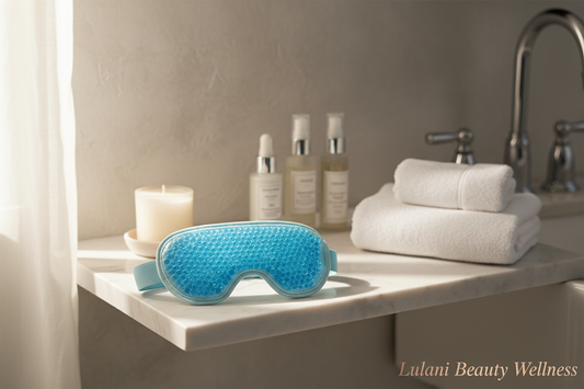 Lulani Gel Eye Mask on bathroom shelf - home lifestyle