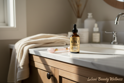 Face lift serum on marble bathroom shelf - home lifestyle