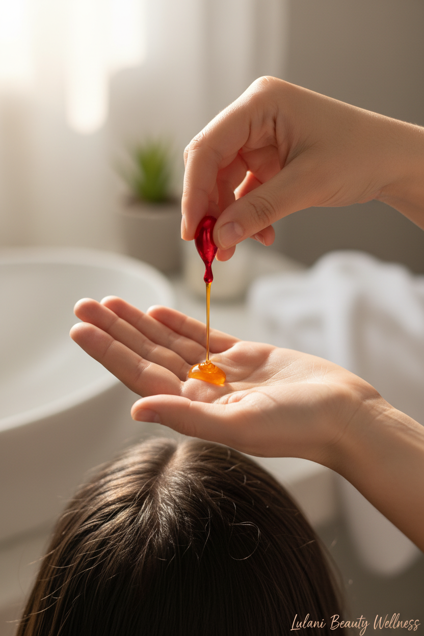 POV squeezing hair serum capsule - first person view