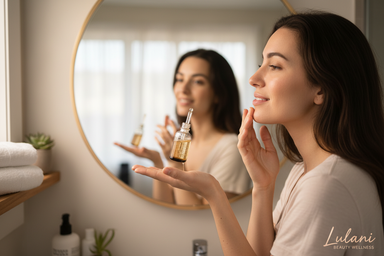 Woman applying face serum at home - in use